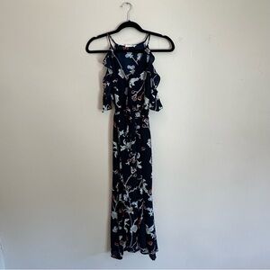 LUSH Grace Navy Floral Cold Shoulder Maxi Dress - Ruffle Detail Navy Blue Size S